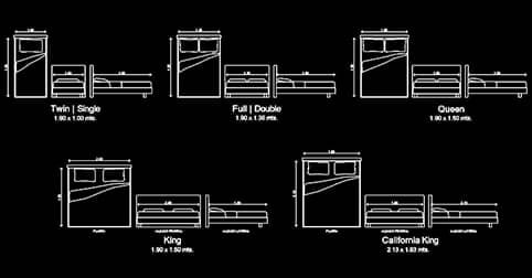 AutoCAD blocks of dwg beds in plan and elevation with measurements