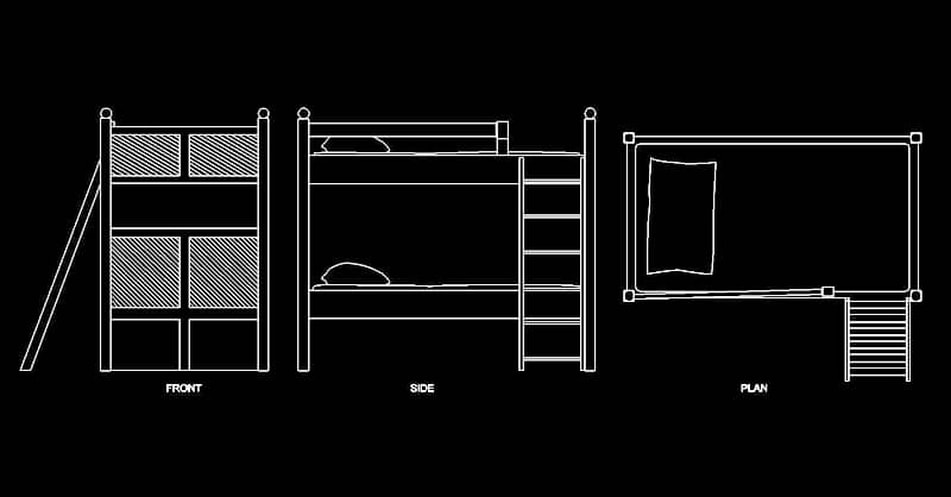 Bunk Bed CAD Blocks with Plan, Front, and Side Elevations 2D DWG