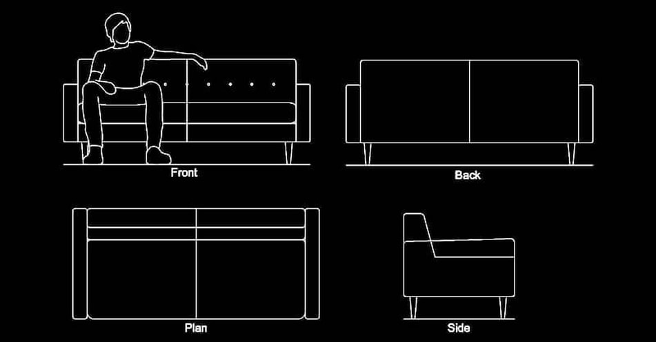 CAD Block of Sofa Love Seat with 2D Plan and Elevation Views