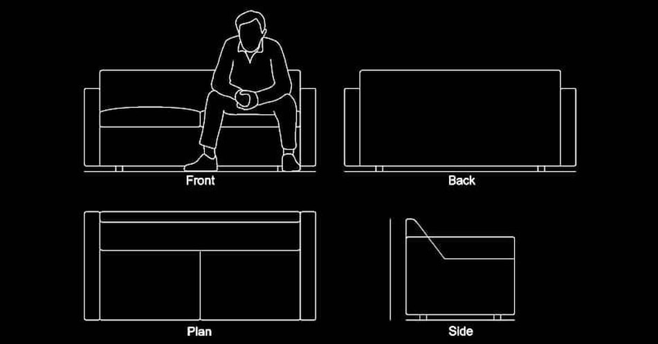 CAD Block of Sofa Love Seat with 2D Plan and Elevation Views